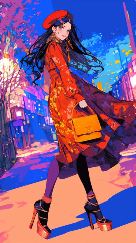 Elegant Fashion Model Illustration with Flowing Dress and Beret - view 1
