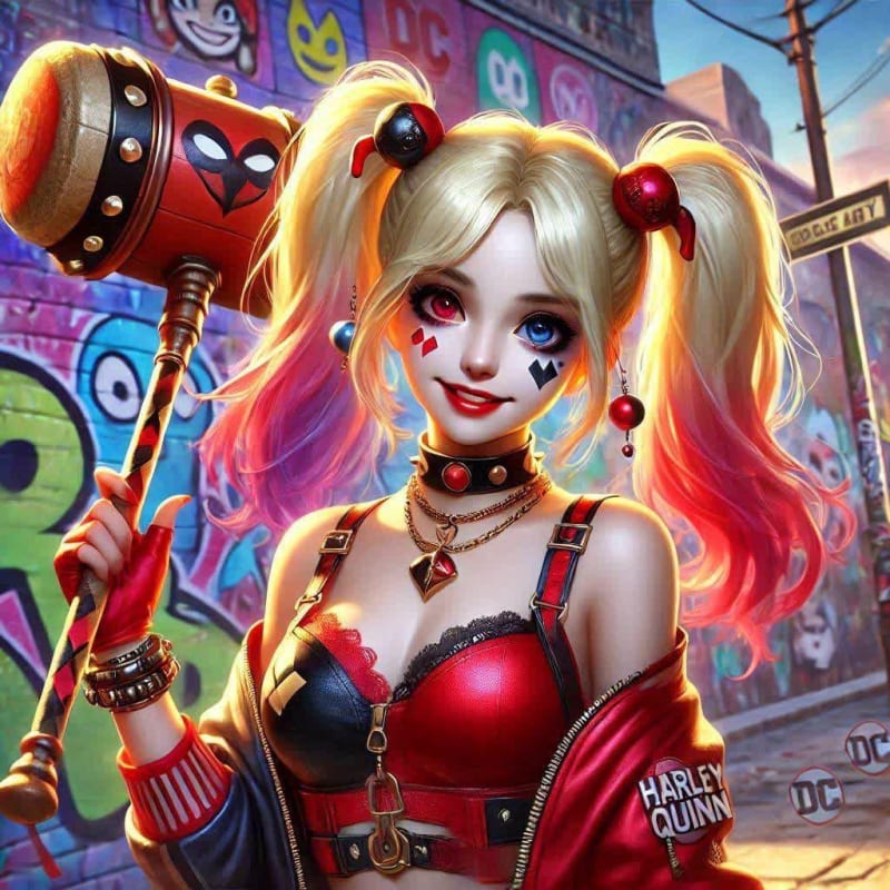 Harley Quinn in Vibrant Cityscape: AI Art Prompt - view 1