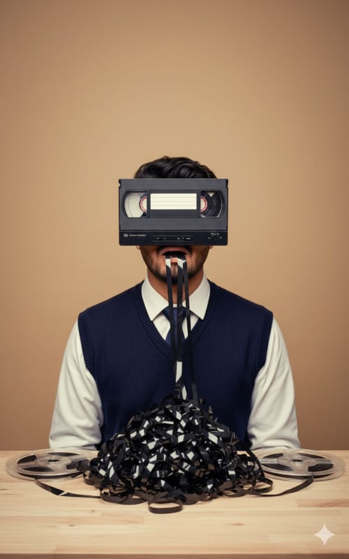 Surreal Portrait: Man with VHS Tape Visor and Magnetic Tape Cascade - view 1
