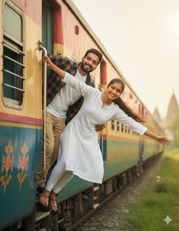 Cinematic Travel Portrait of Stylish Indian Couple on Heritage Train - view 1