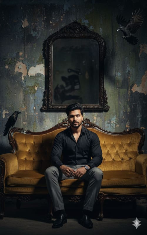 Cinematic Portrait of a Bearded Man on Vintage Sofa - view 1