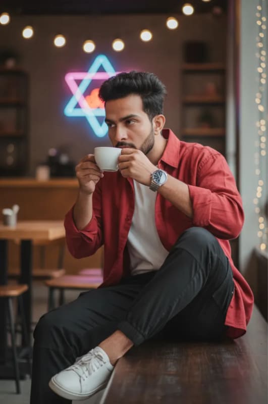 Stylish Boy at Modern Cafe: High-Quality Editorial Photography - view 1