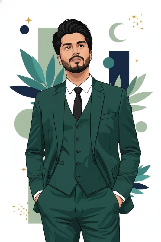 Emerald Suit Portrait with Abstract Botanical Background - view 1