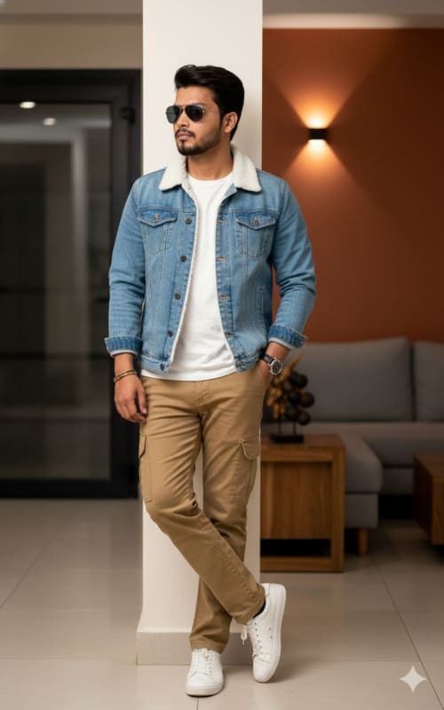 Stylish Man in Denim Jacket and Cargo Pants: Modern Fashion Portrait thumbnail 3