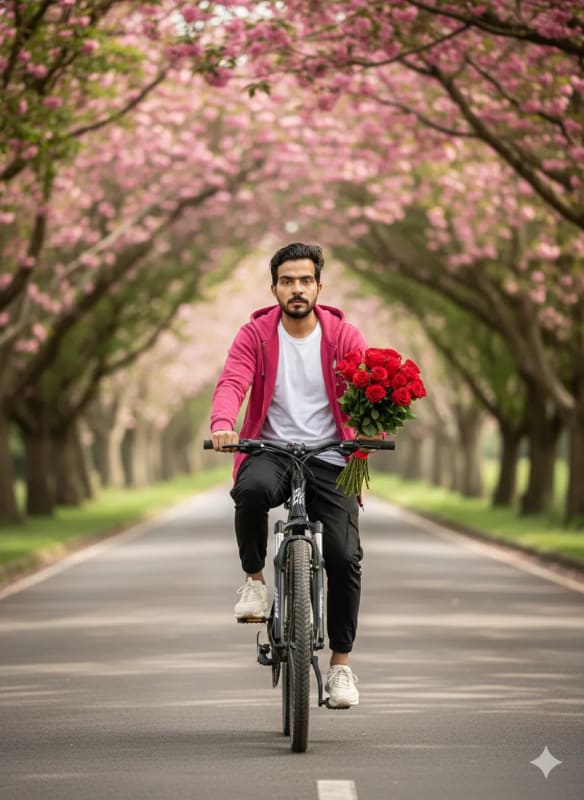 Romantic Bicycle Ride Portrait: Man with Roses in Nature thumbnail 2