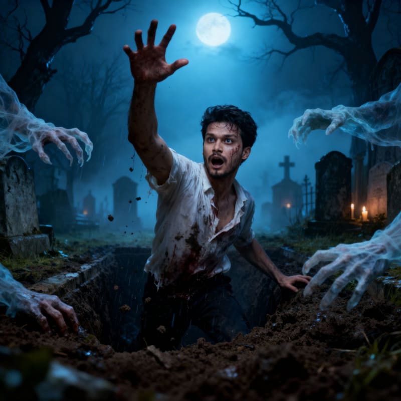 Cinematic Horror Poster: Man Dragged into Grave thumbnail 4