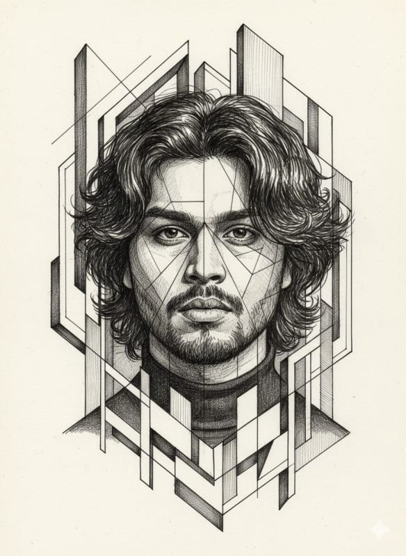 Geometric Fragmented Face Ink Drawing - view 1