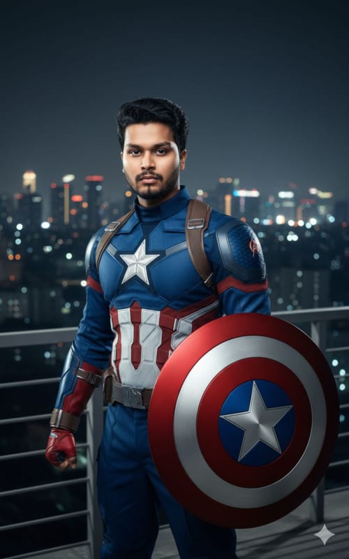 Captain America Inspired Superhero on City Rooftop - view 1