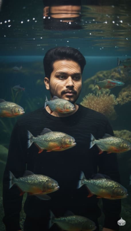 Cinematic Aquarium Portrait: Submerged Man & Goldfish thumbnail 2
