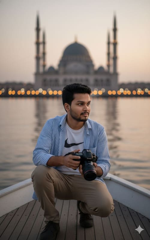 Young Man Photographing Mosque at Dusk thumbnail 2