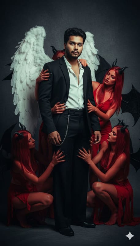 Dramatic Studio Portrait: Man Surrounded by Demonic Figures - view 1