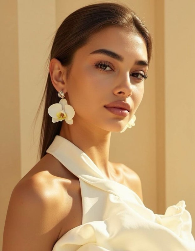Orchid Earrings and Sculptural Gown: High-Fashion Editorial Portrait thumbnail 2