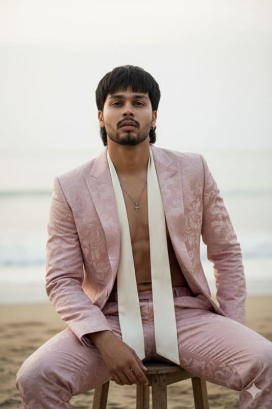 Luxury Pink Suit Portrait on Beach: AI Fashion Prompt - view 1