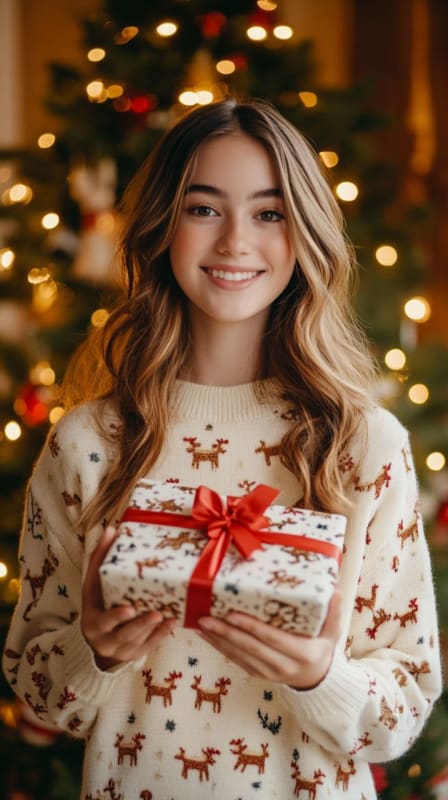 Festive Holiday Portrait: Cozy Sweater and Joyful Gift thumbnail 2