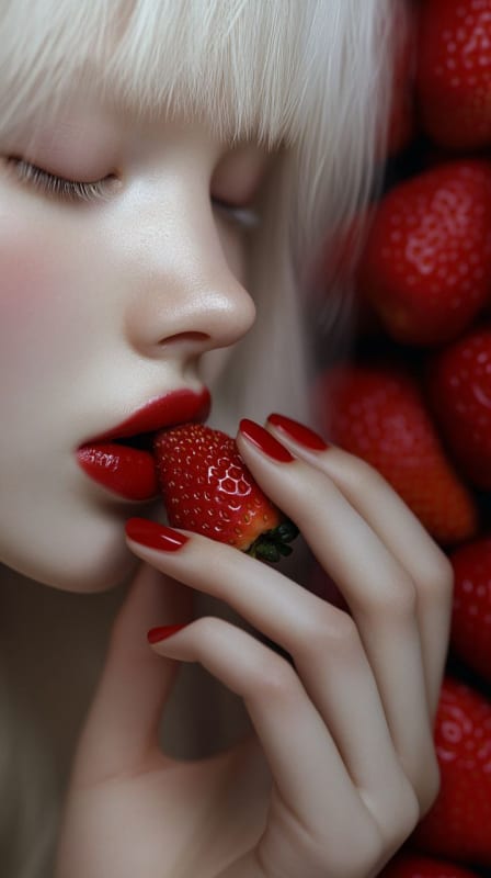 Albino Beauty with Strawberry: A Photorealistic Food Portrait thumbnail 6