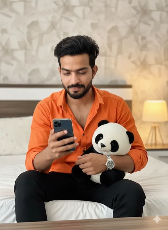 Cozy Indoor Portrait of Young Man with Panda and Smartphone thumbnail 3