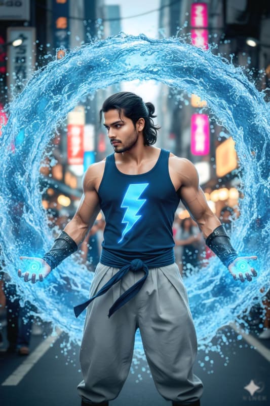 Muscular Water Elemental Master Portrait in Neon Cityscape thumbnail 2