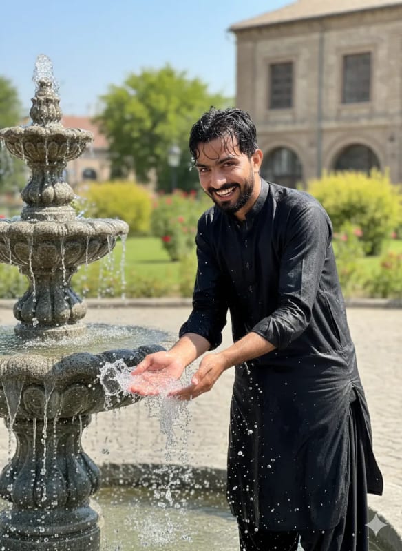 Man Playing with Water Fountain in Shalwar Kameez thumbnail 2