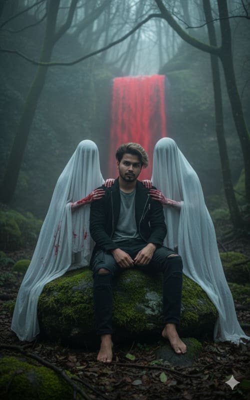 Gothic Forest Encounter: Androgynous Man with Spectral Figures thumbnail 2