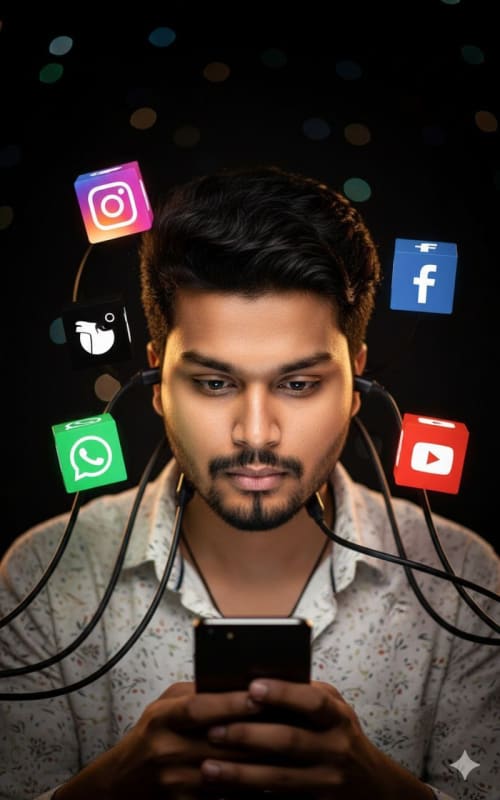 Social Media Addiction Portrait: Cinematic and Photorealistic - view 1