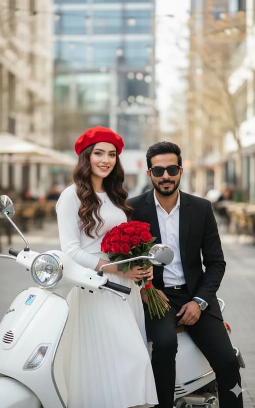 Romantic Couple with Scooter in City - Stylish Fashion Photography thumbnail 3