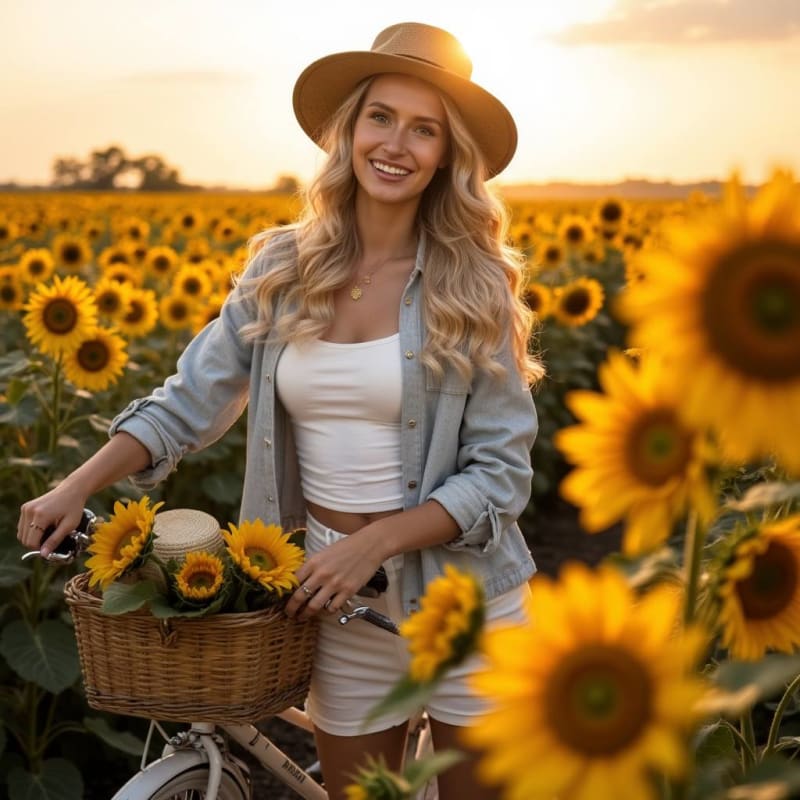 Sunflower Field Fashion: Retro-Chic Summer Portrait - view 1