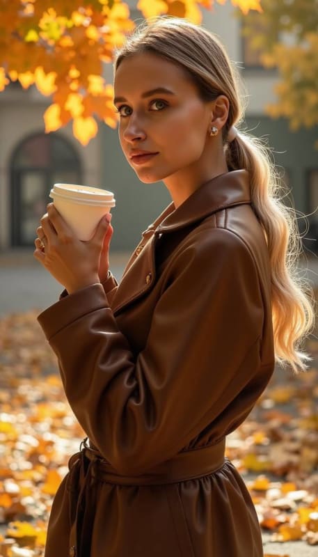 Autumn Portrait: Woman in Leather Coat with Coffee thumbnail 2
