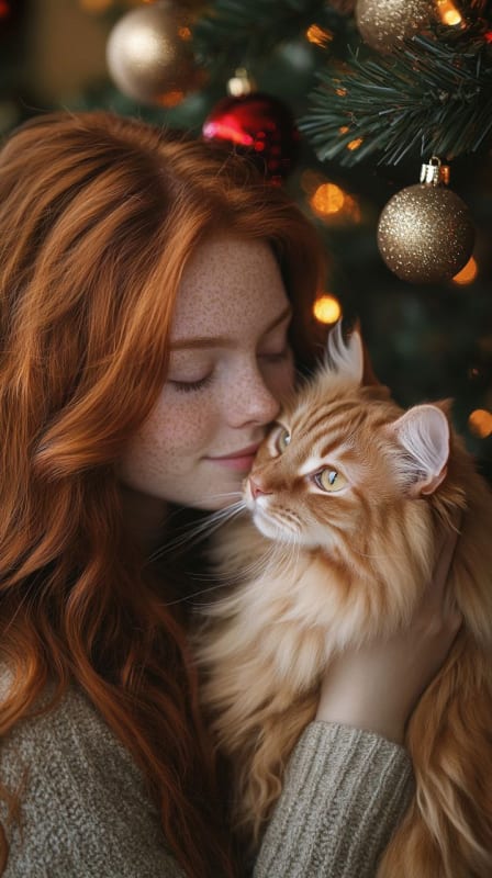 Festive Redhead with Orange Cat: Holiday Portrait Photography thumbnail 4